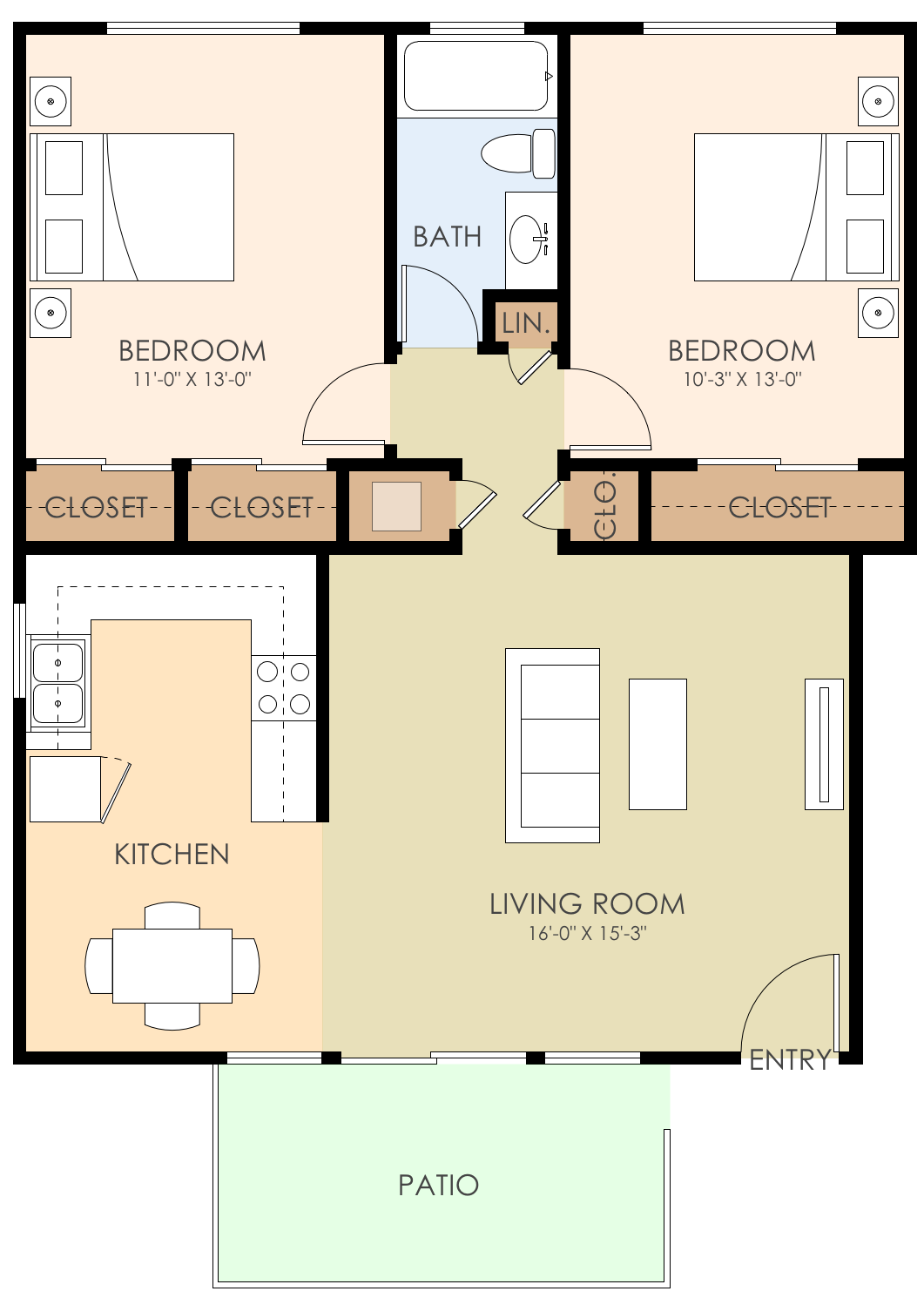 Floor plan for 2 beds, 1 bath, 895 sqft